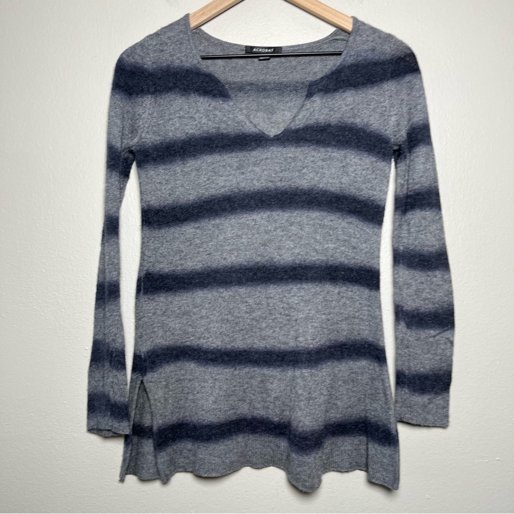Acrobat Sweater Women XS Gray Blue Striped Wool Cashmere Blend V-Neck Side Slit